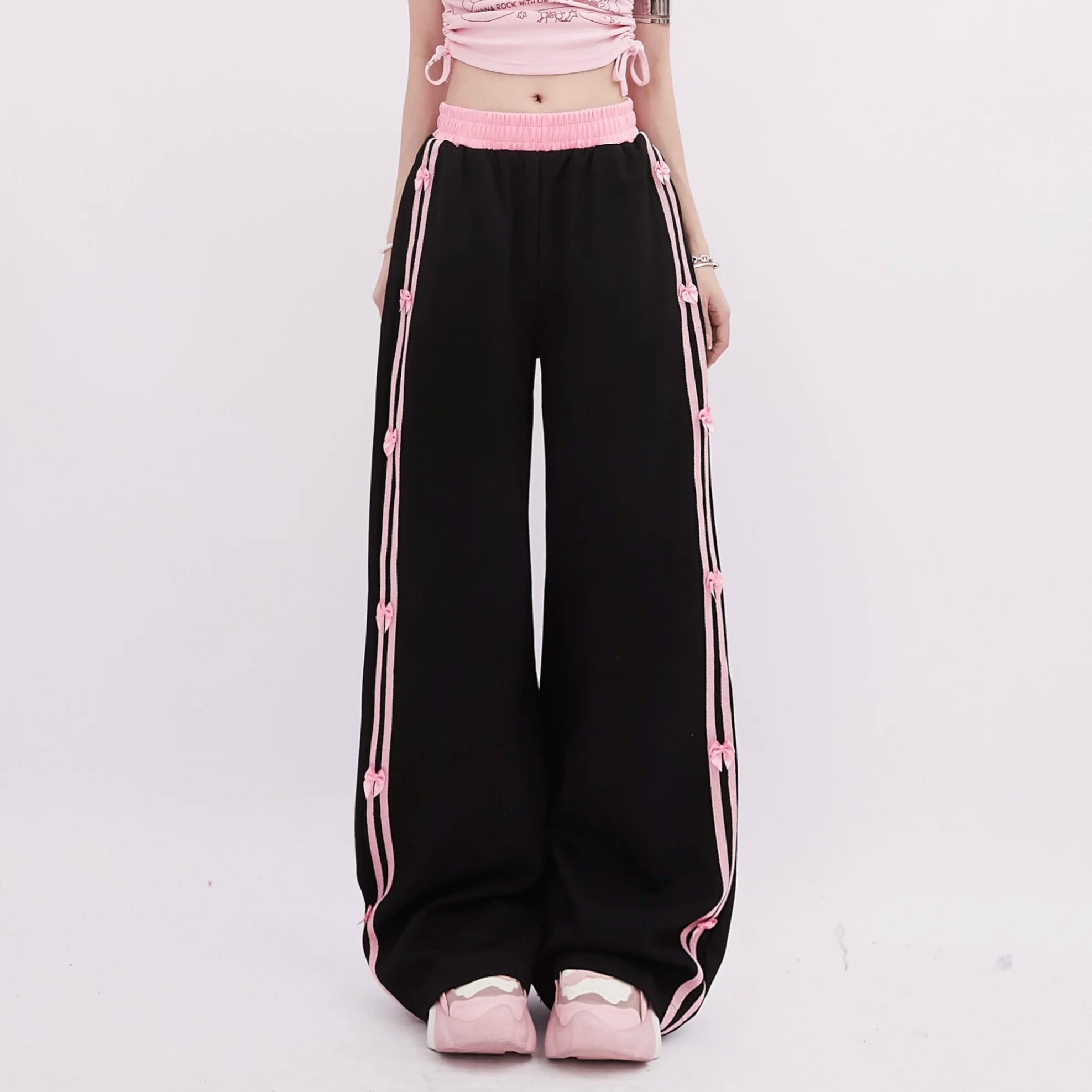 Pink - Trimmed Bow Accent Wide - Leg Pants - 