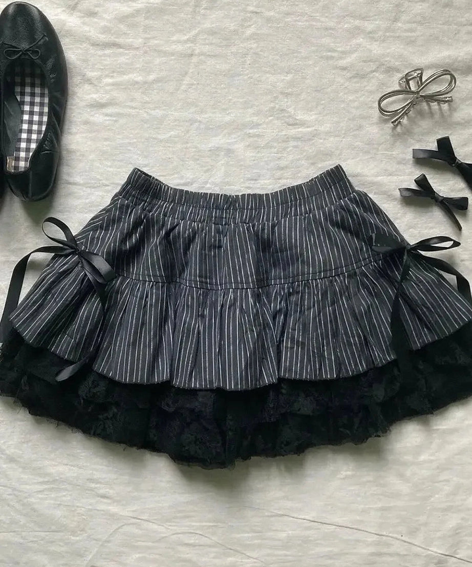 Pinstripe Lace Ruffle Skirt - Skirts