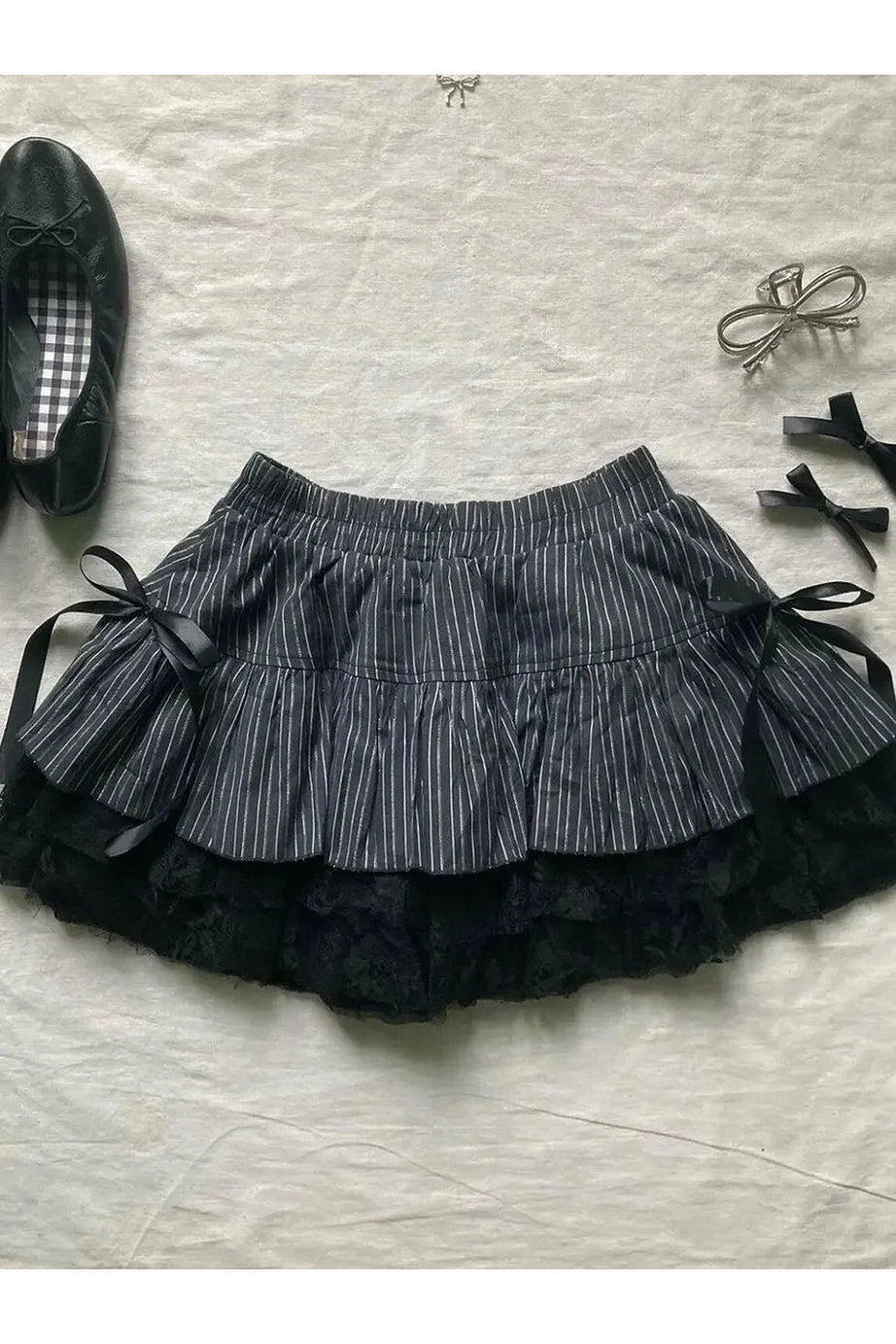 Pinstripe Lace Ruffle Skirt - Skirts