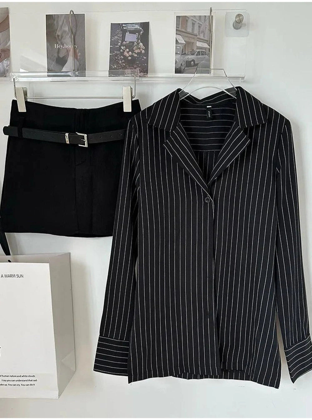 Aesthetic Pinstripe Power Blazer and Skirt Outfit Set Shoptery