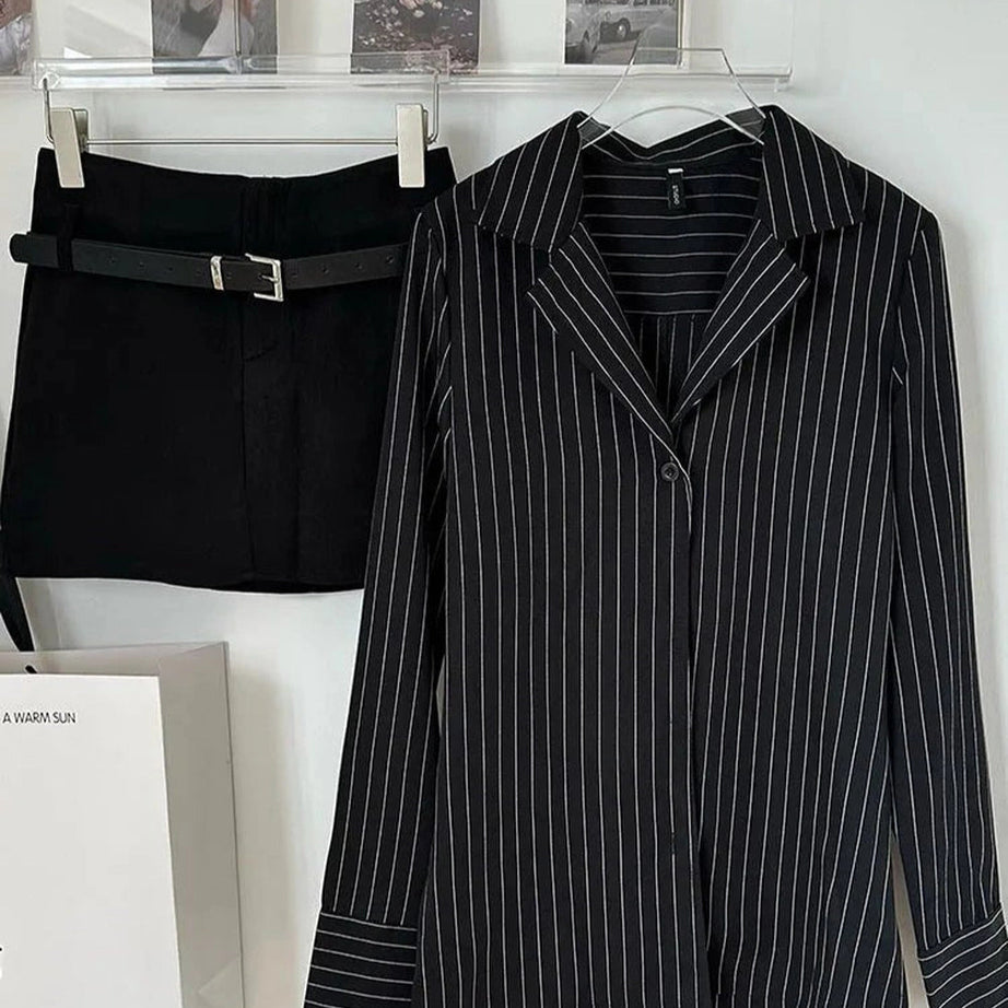 Aesthetic Pinstripe Power Blazer and Skirt Outfit Set Shoptery