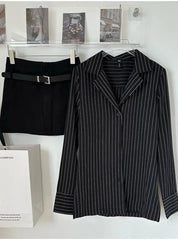 Aesthetic Pinstripe Power Blazer and Skirt Outfit Set Shoptery