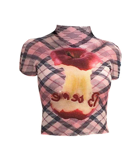 Plaid Applecore Mesh Crop Top - Crop Tops