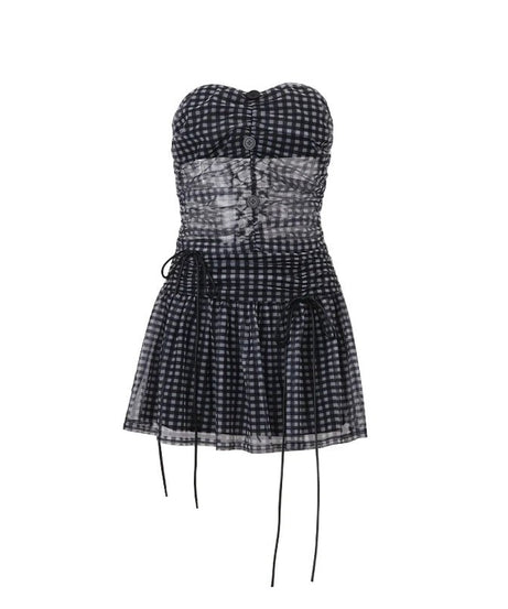 Plaid Mesh Strapless Skirt Set - Outfit Sets