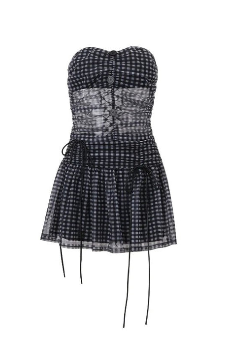 Plaid Mesh Strapless Skirt Set - Outfit Sets