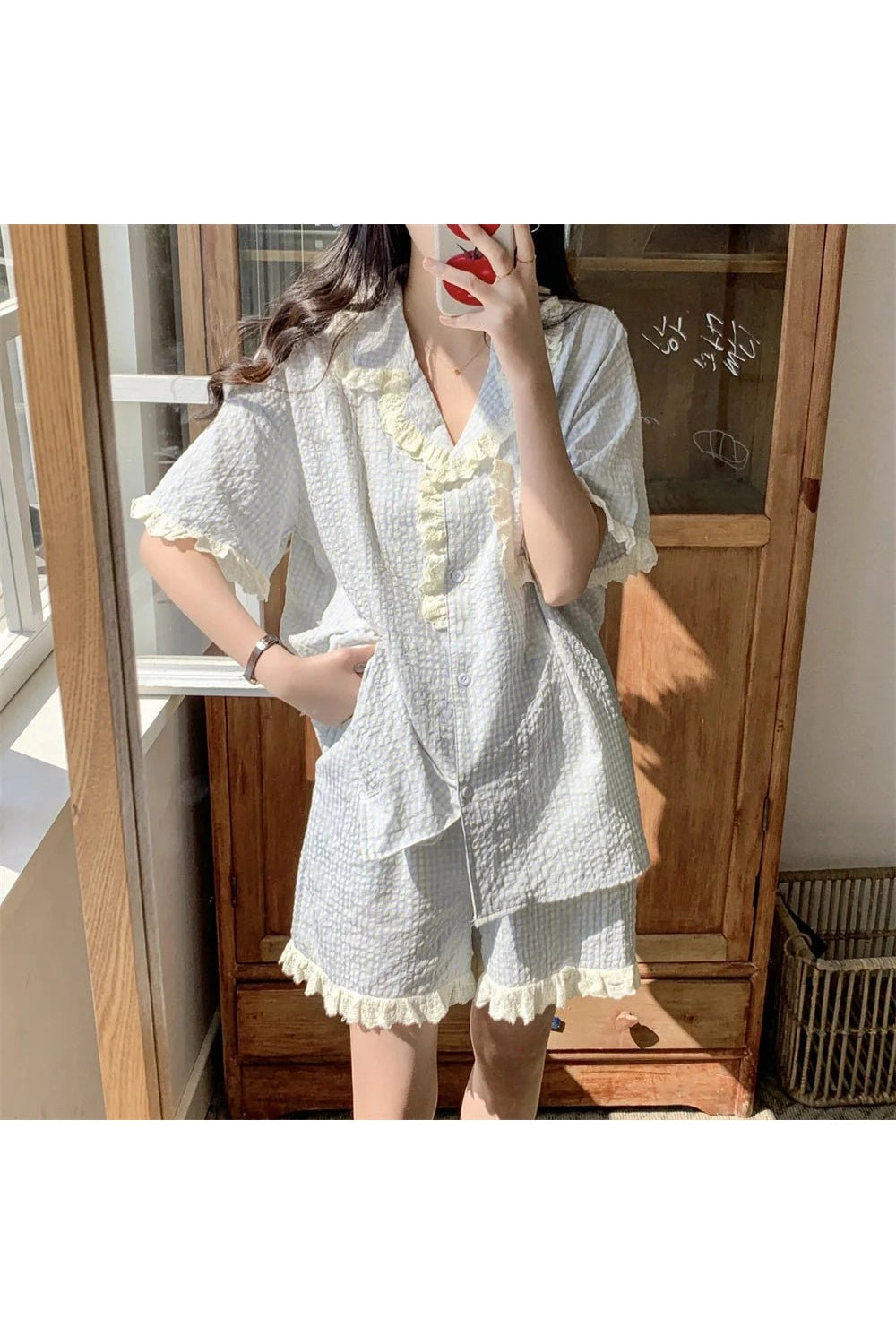 Coquette Plaid Pajamas Set Sky blue Shoptery