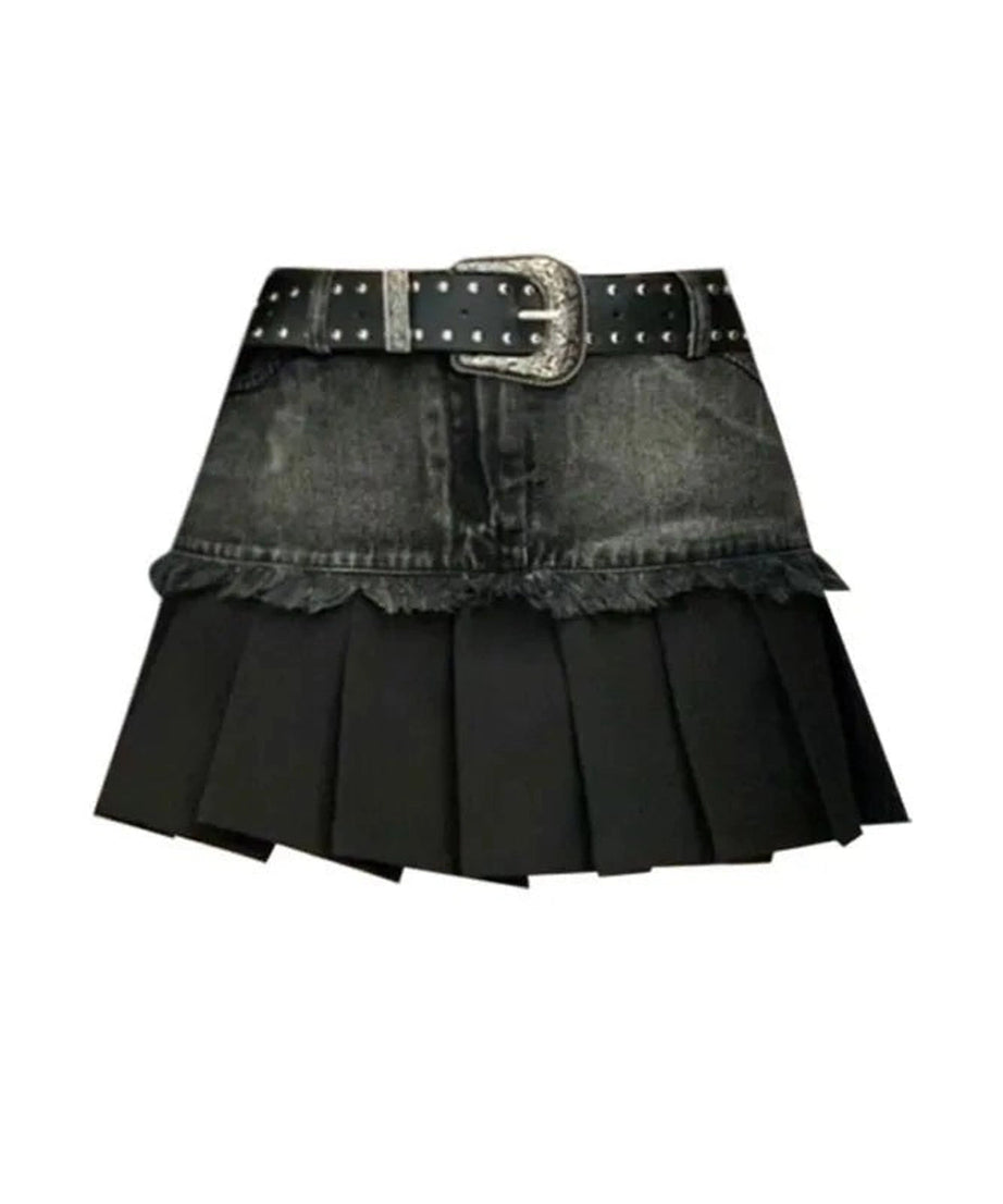 Pleated Black Denim Skirt -