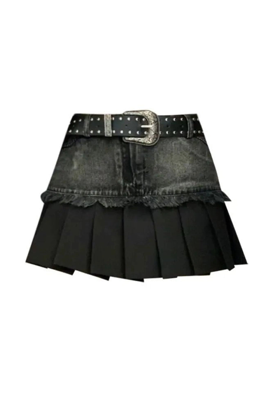 Pleated Black Denim Skirt -