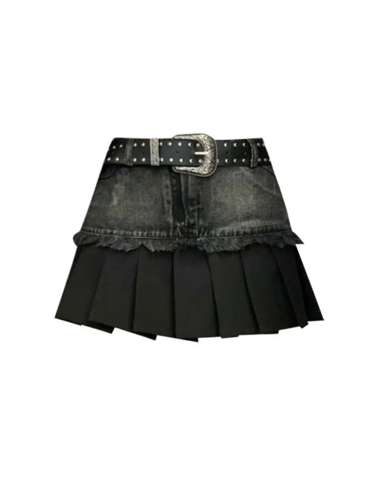 Pleated Black Denim Skirt -