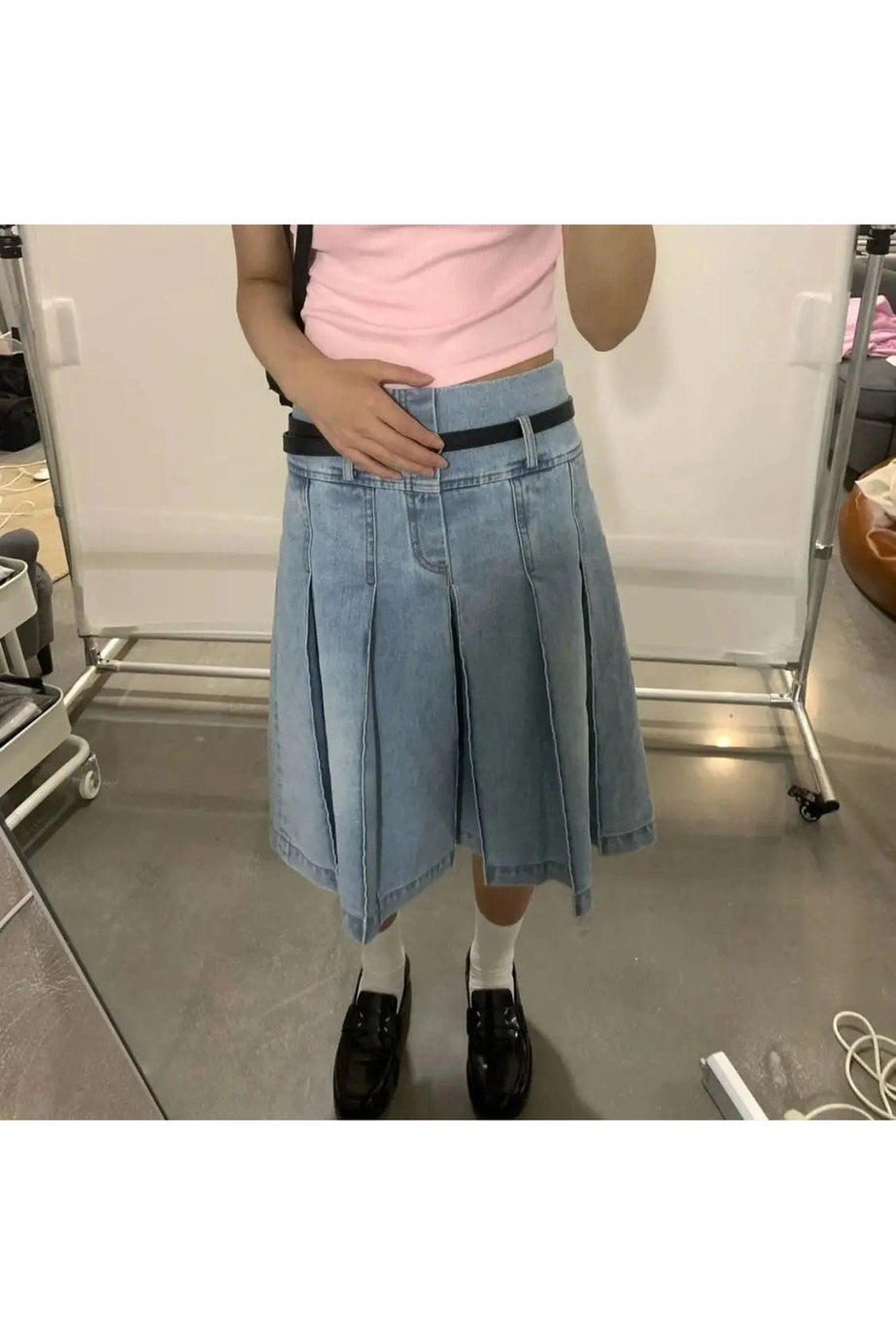 Pleated Blue Jeans Midi Skirt - Denim Skirt