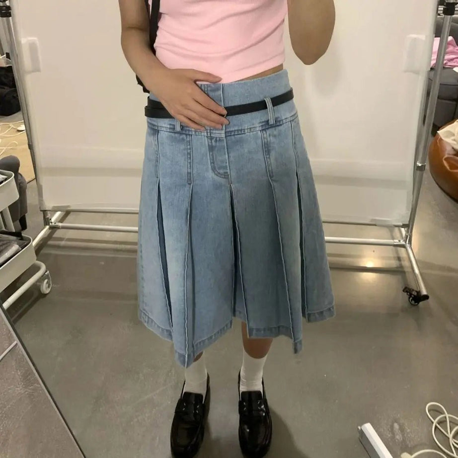 Pleated Blue Jeans Midi Skirt - Denim Skirt