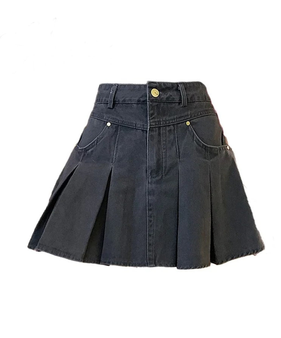 Pleated High - Waisted Denim Skirt - Denim Skirt