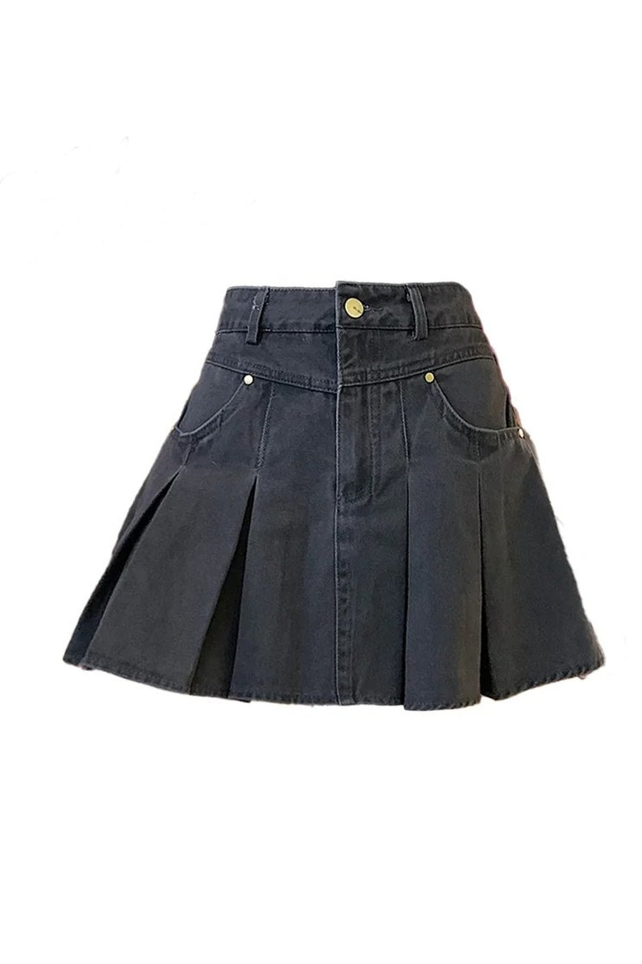 Pleated High - Waisted Denim Skirt - Denim Skirt