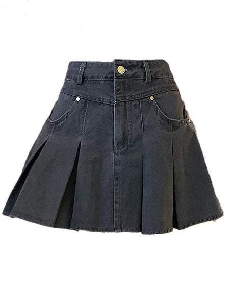 Pleated High - Waisted Denim Skirt - Denim Skirt