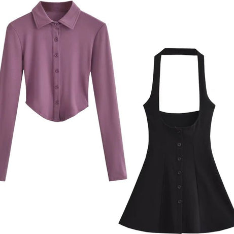 Polo Collar Dress & Skirt Set -