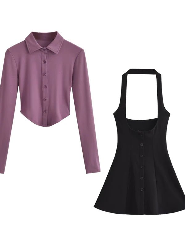 Polo Collar Dress & Skirt Set -