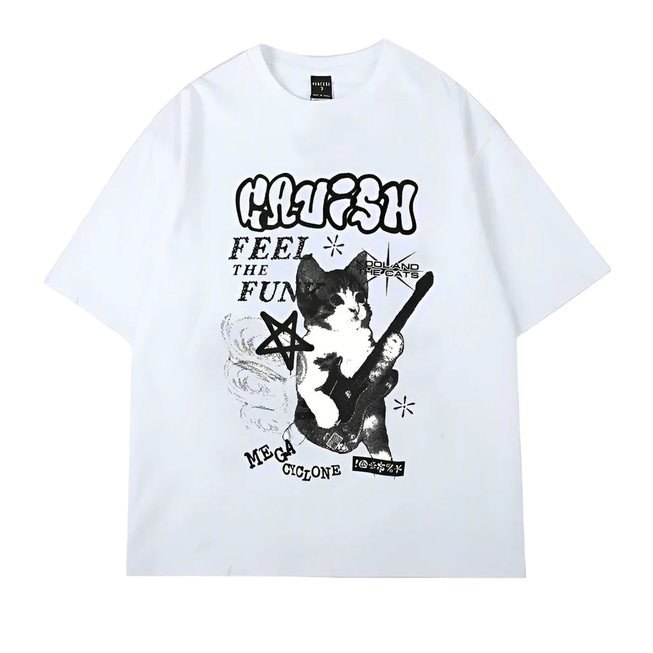 Punk Cat Graphic Oversized T-Shirt white Shoptery