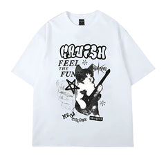 Punk Cat Graphic Oversized T-Shirt white Shoptery