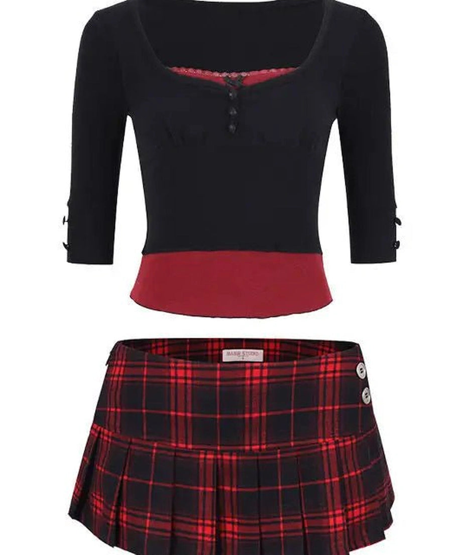 Punk Plaid Skirt and Crop Top Set - Outfit Sets