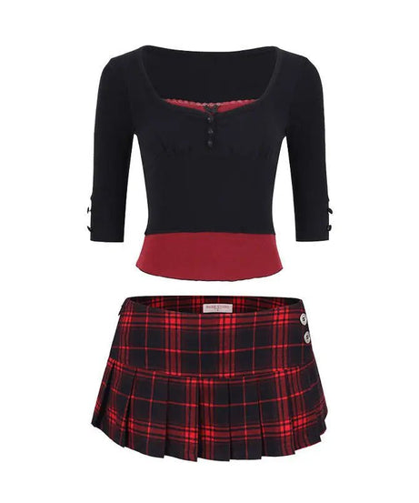 Punk Plaid Skirt and Crop Top Set - Outfit Sets