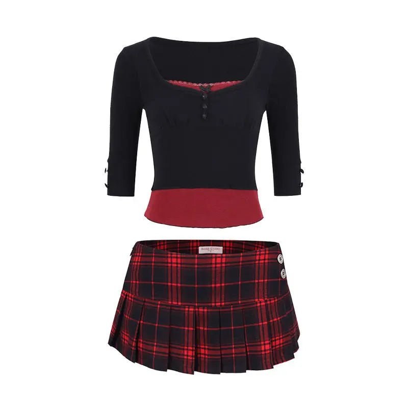 Punk Plaid Skirt and Crop Top Set - Outfit Sets