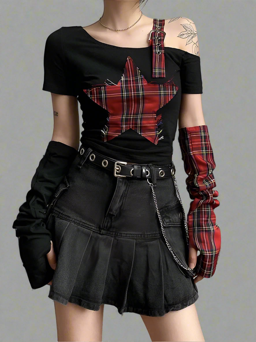 Alt Punk Plaid Star Crop Top black Shoptery