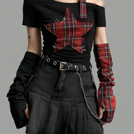Alt Punk Plaid Star Crop Top black Shoptery