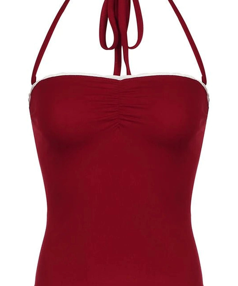 Red Lace - Trim Halter Top - Shirts & Tops