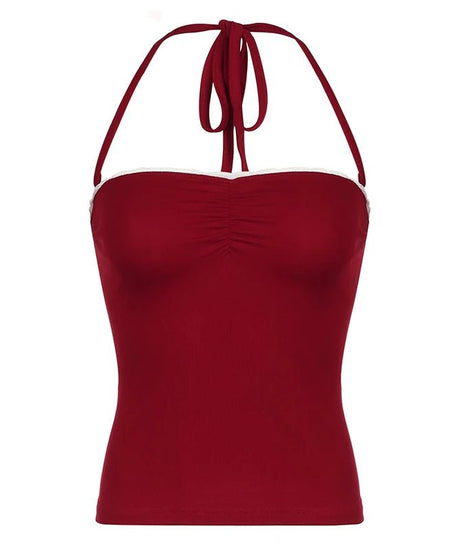 Red Lace - Trim Halter Top - Shirts & Tops