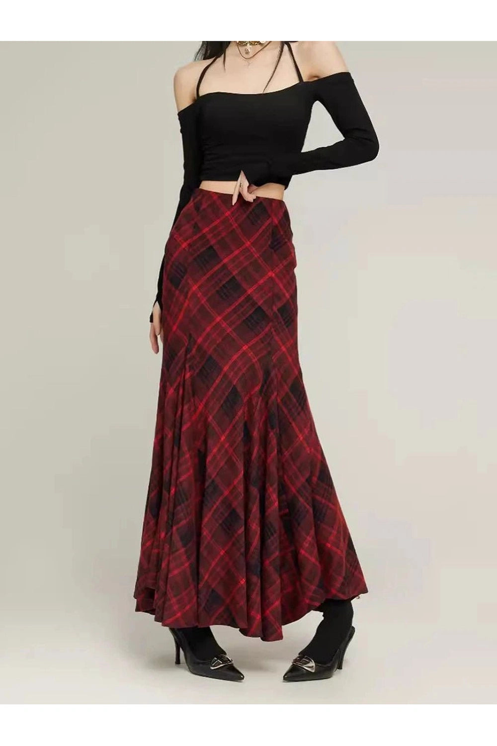 Alt Retro Red Plaid Mermaid Maxi Skirt Shoptery