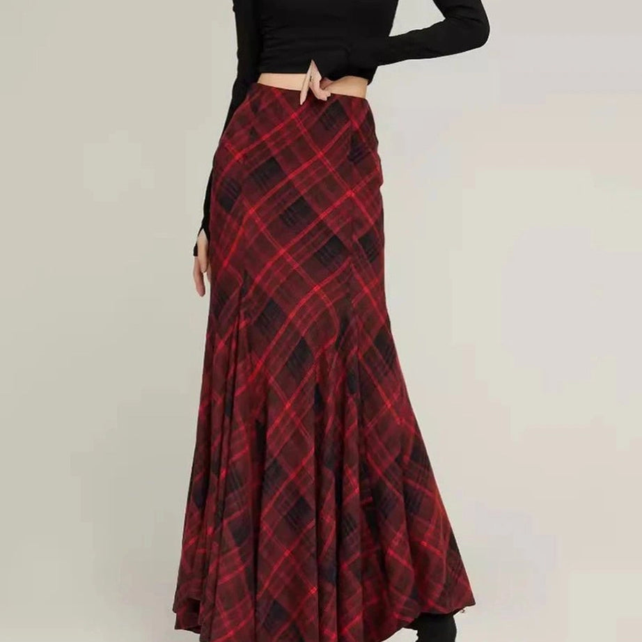 Alt Retro Red Plaid Mermaid Maxi Skirt Shoptery