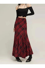 Alt Retro Red Plaid Mermaid Maxi Skirt Shoptery