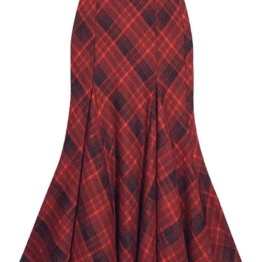 Alt Retro Red Plaid Mermaid Maxi Skirt Red Shoptery