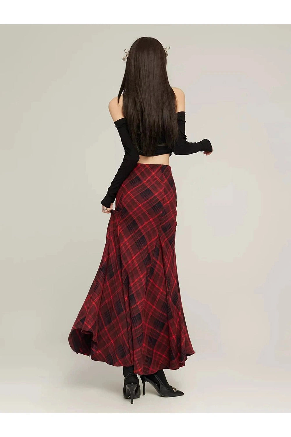 Alt Retro Red Plaid Mermaid Maxi Skirt Shoptery