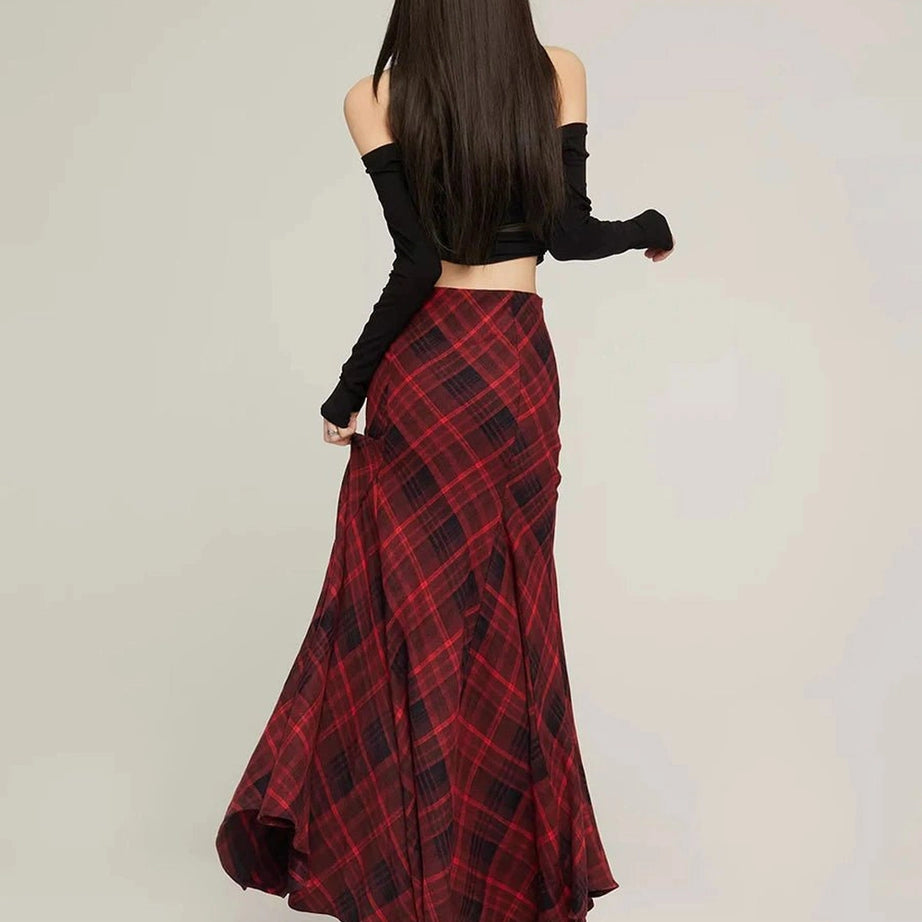 Alt Retro Red Plaid Mermaid Maxi Skirt Shoptery