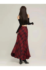 Alt Retro Red Plaid Mermaid Maxi Skirt Shoptery