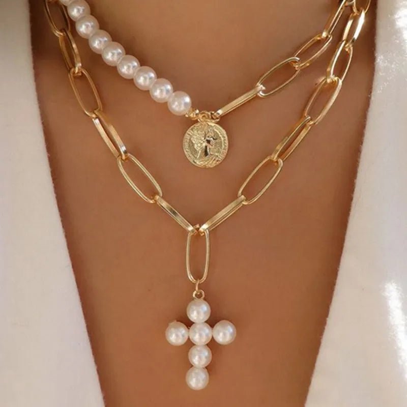 Regal Pearl Cross Aesthetic Choker Shoptery
