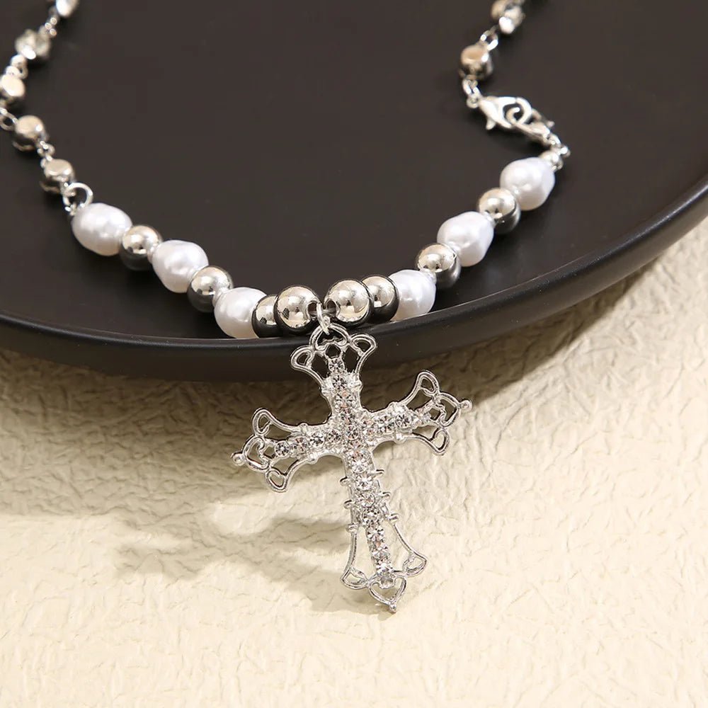 Regal Pearl Cross Aesthetic Choker Shoptery