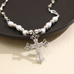 Regal Pearl Cross Aesthetic Choker Shoptery