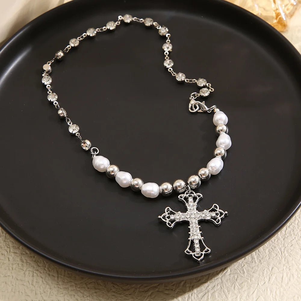 Regal Pearl Cross Aesthetic Choker Shoptery