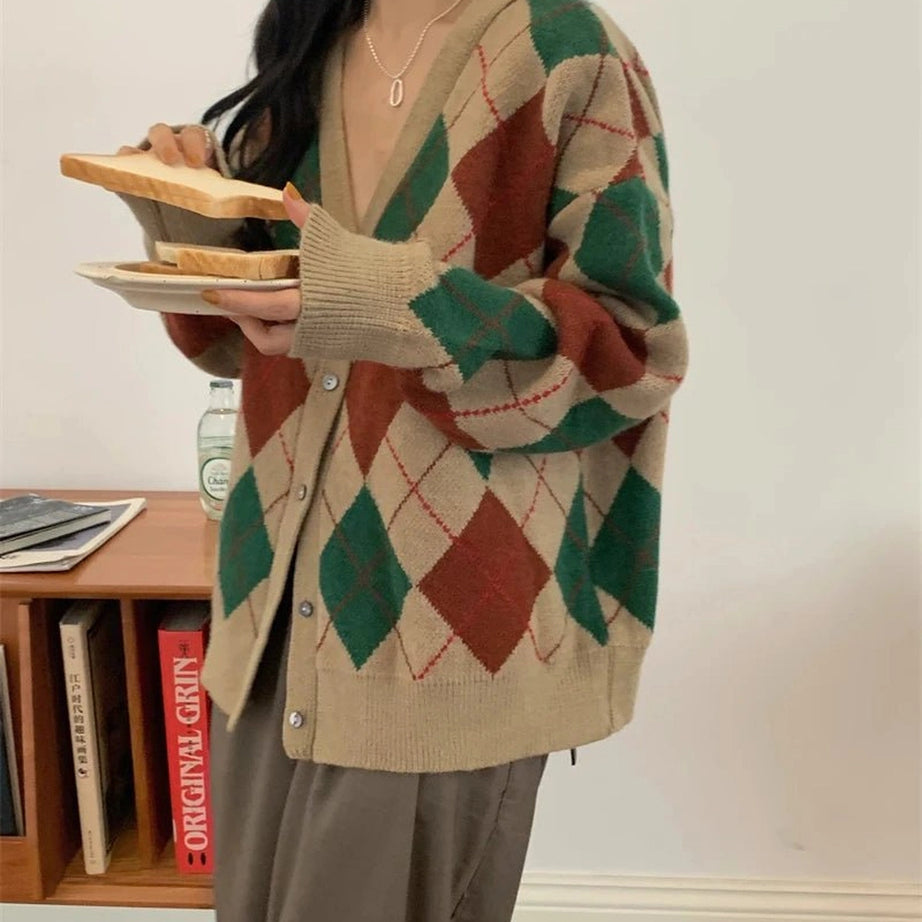 Retro Argyle Knit Cardigan Shoptery