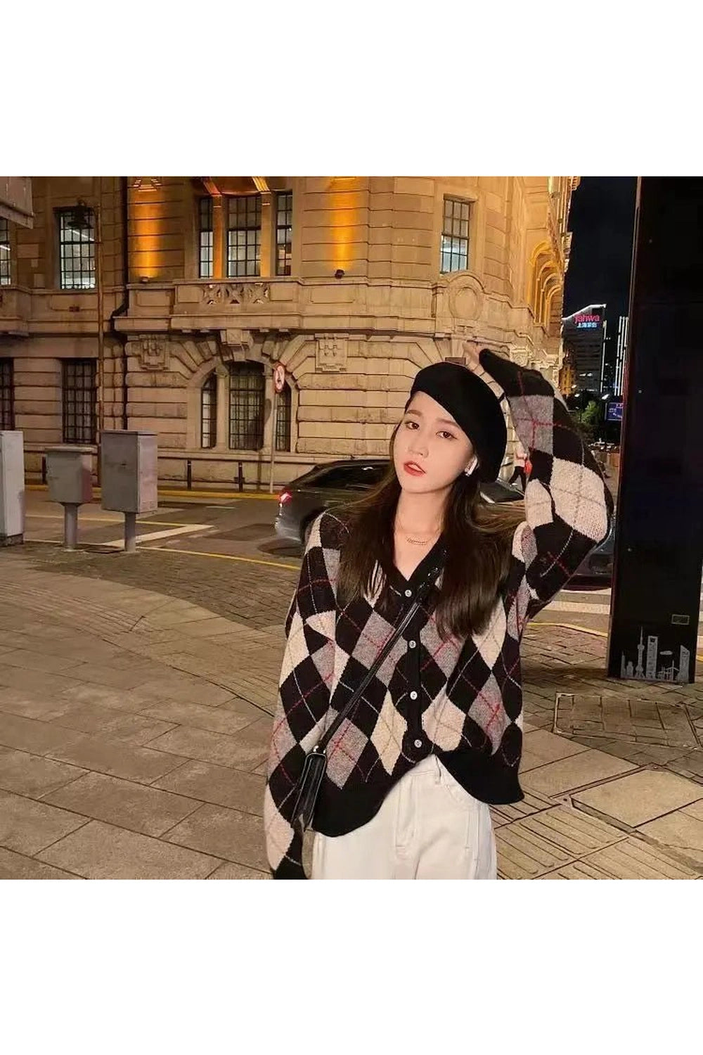 Retro Argyle Knit Cardigan black Shoptery