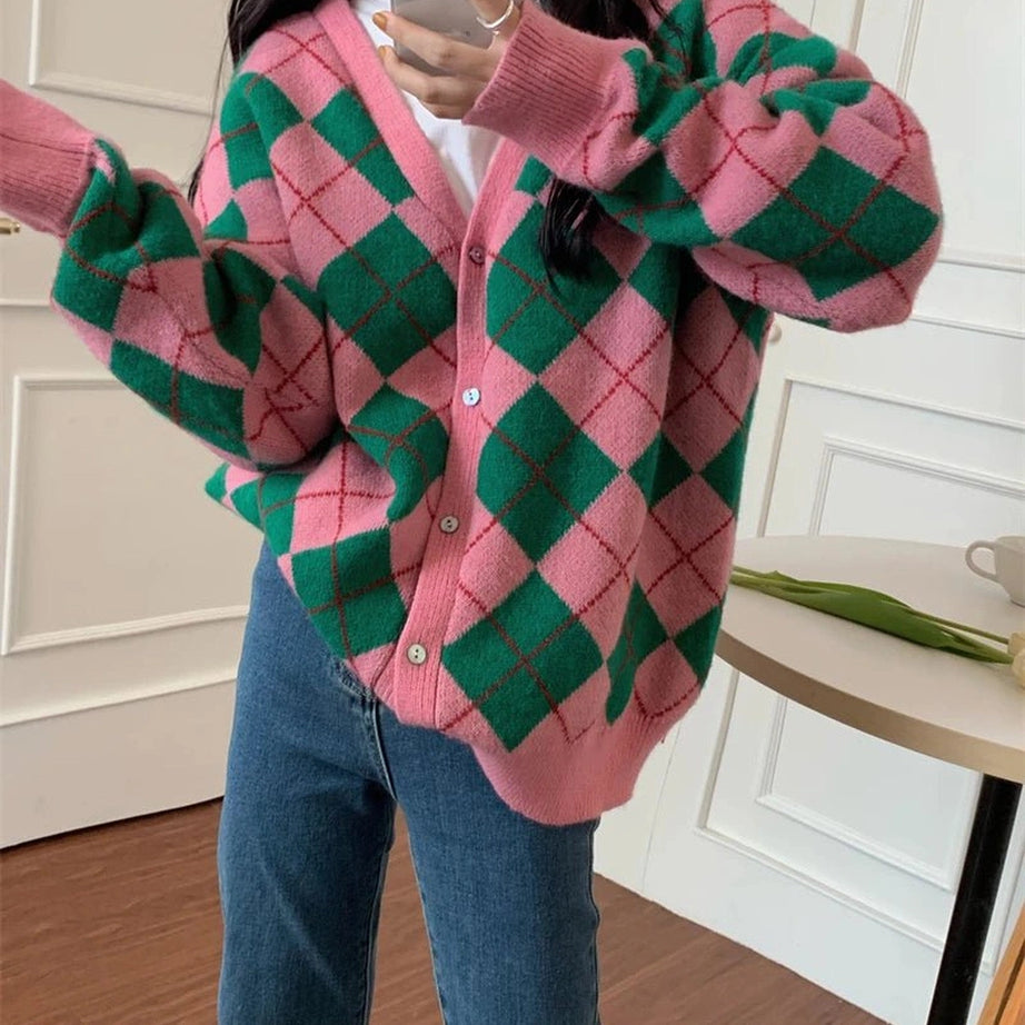 Retro Argyle Knit Cardigan Pink Shoptery