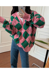 Retro Argyle Knit Cardigan Pink Shoptery