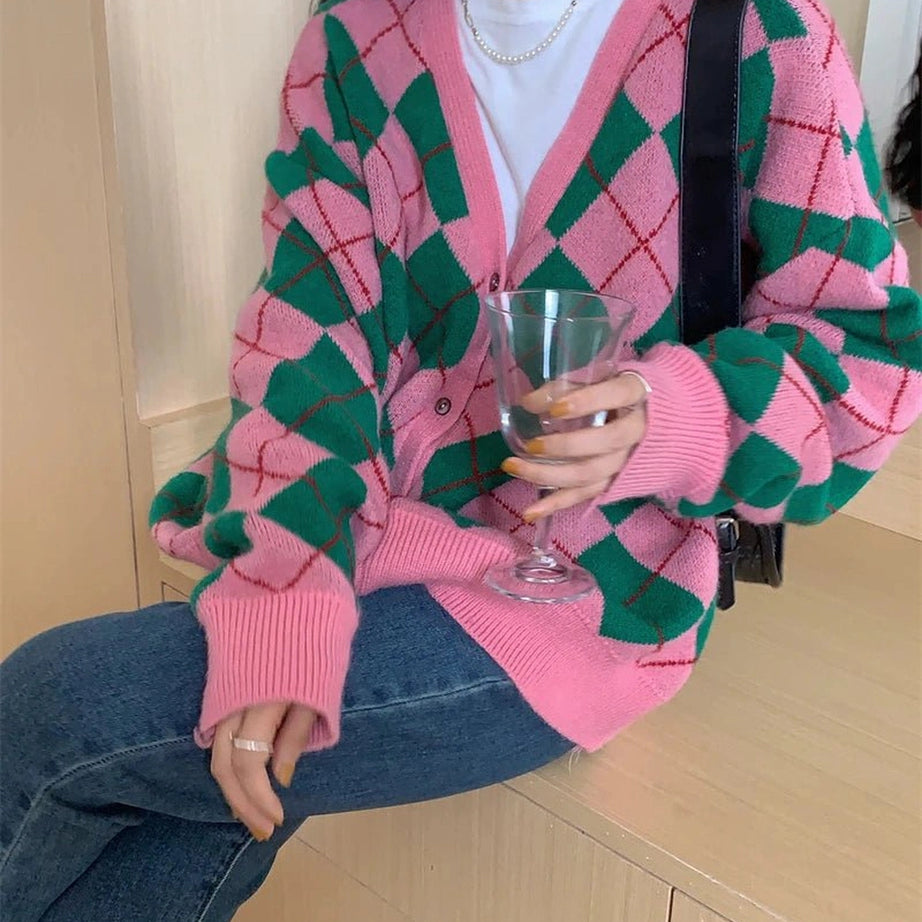Retro Argyle Knit Cardigan Shoptery