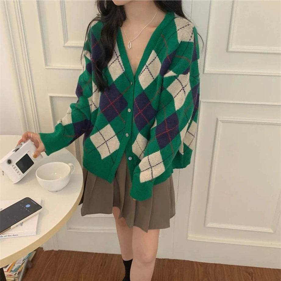 Retro Argyle Knit Cardigan green Shoptery