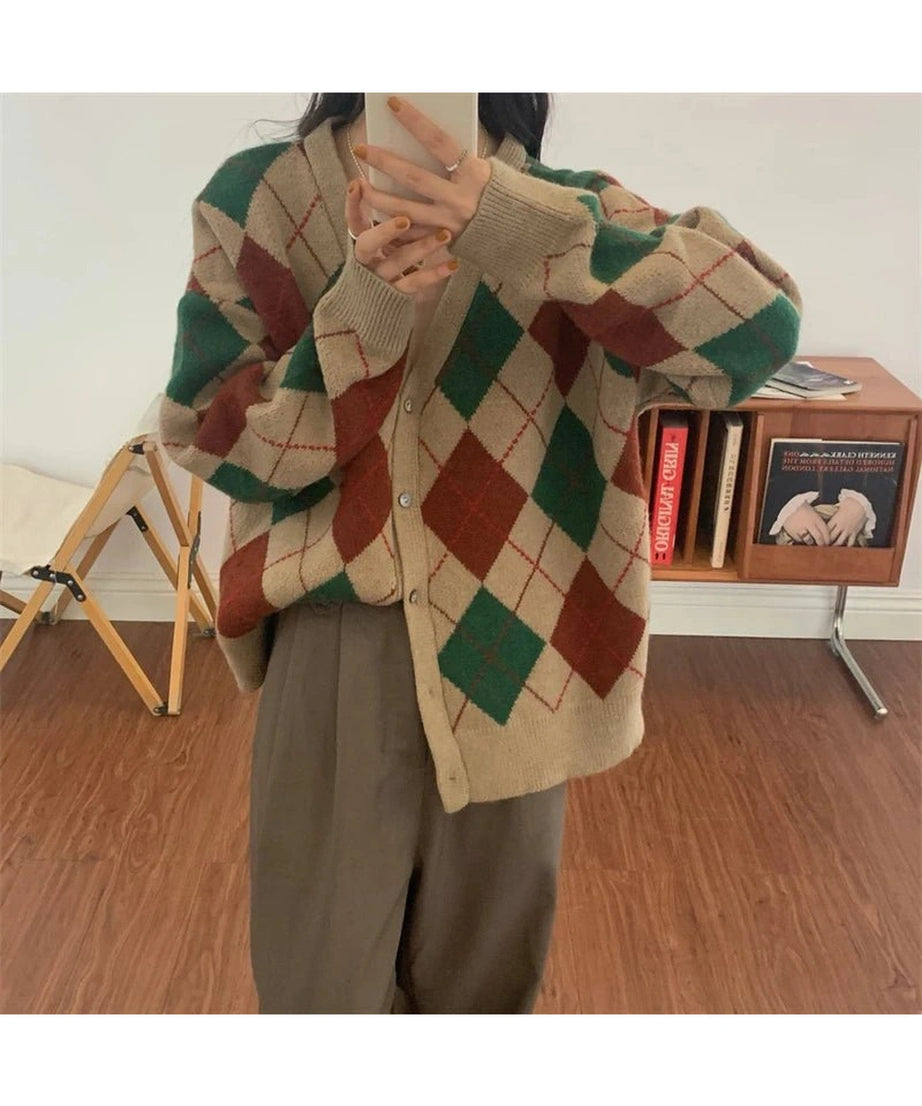 Retro Argyle Knit Cardigan - Cardigans