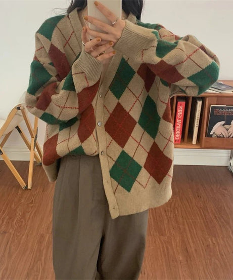 Retro Argyle Knit Cardigan - Cardigans