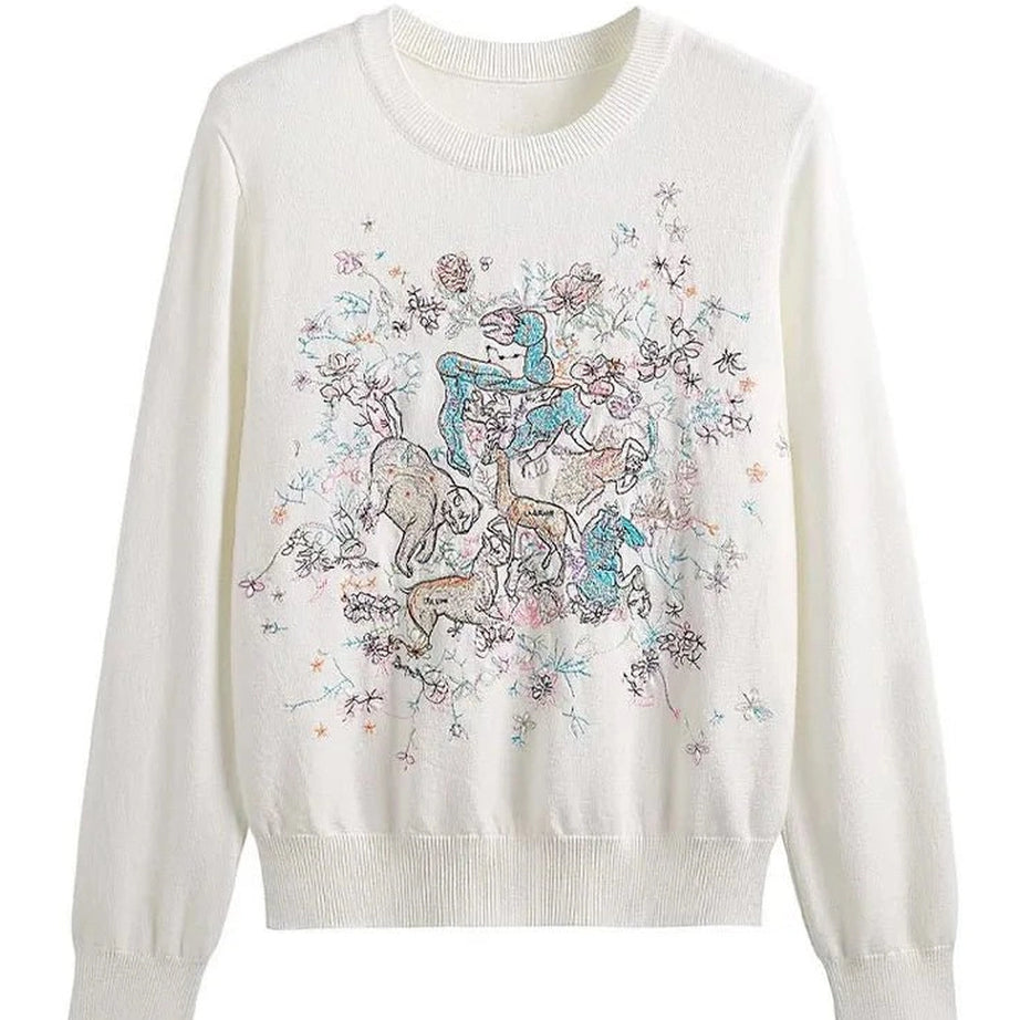 Retro Embroidery Knit Pullover Beige One Size Shoptery