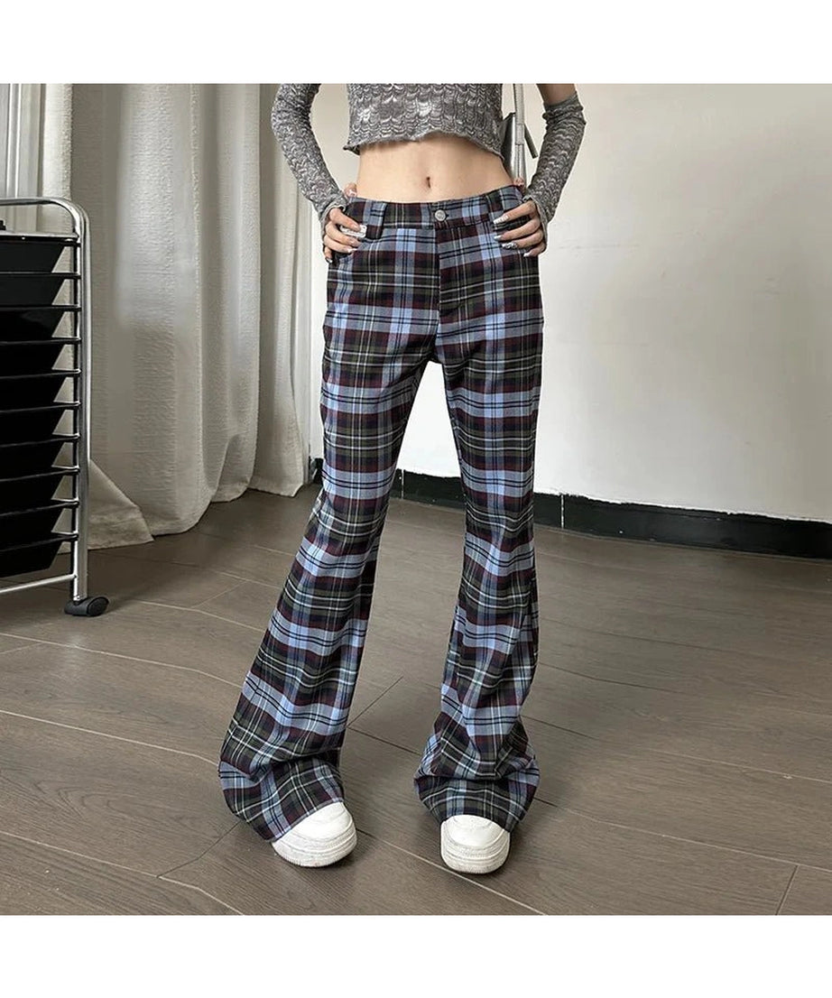 Retro Plaid Flare Pants - Pants